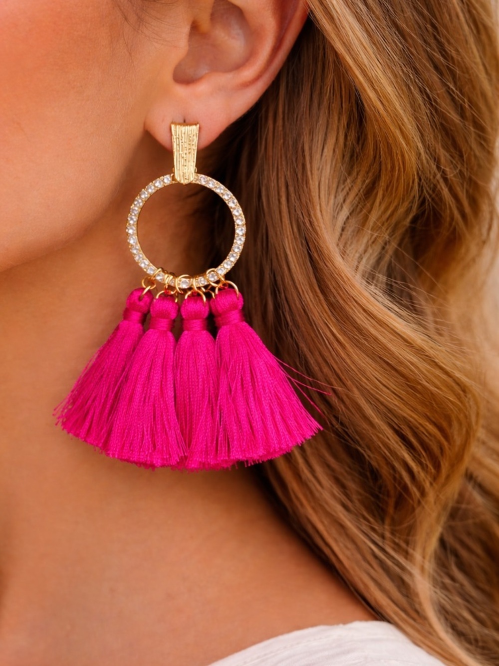 Ashlyn Rose Hot Pink Tassel Earrings Gold Rhinestone Hoop Statement
